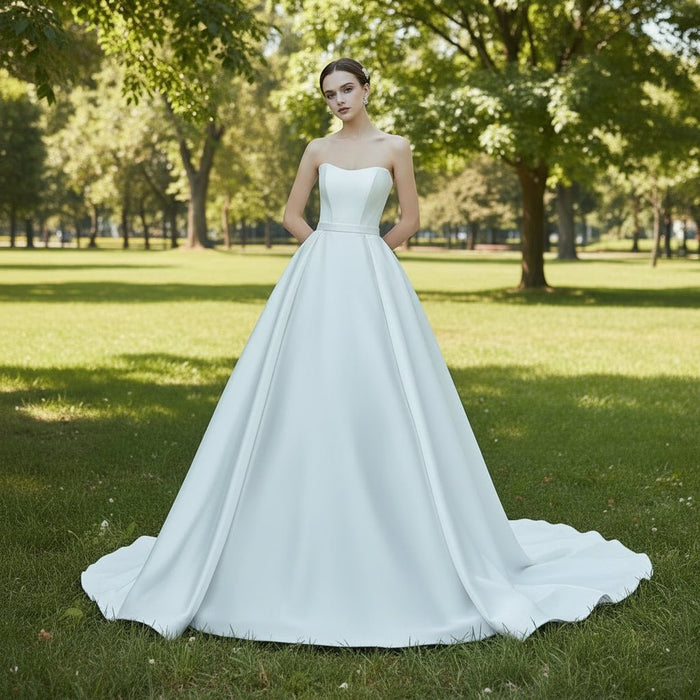 Elegant A-Line Strapless Satin Wedding Dress - Rosymae