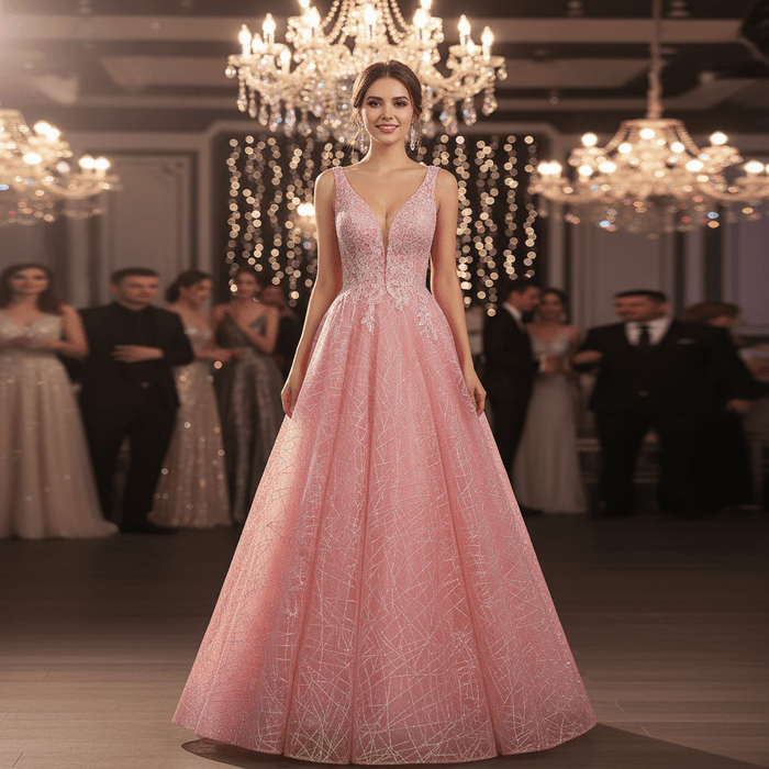 Elegant A Line V Neck Tank Sleeve Pink Tulle Prom Dress with Open Back - Rosymae