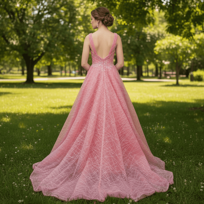 Elegant A Line V Neck Tank Sleeve Pink Tulle Prom Dress with Open Back - Rosymae