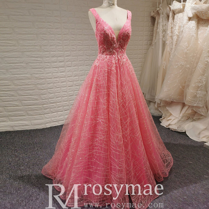 Elegant A Line V Neck Tank Sleeve Pink Tulle Prom Dress with Open Back - Rosymae