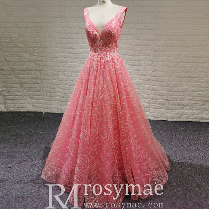 Elegant A Line V Neck Tank Sleeve Pink Tulle Prom Dress with Open Back - Rosymae