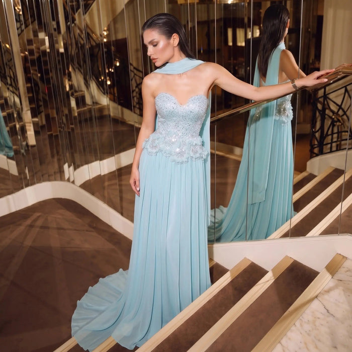 Elegant Aqua Strapless Evening Gown with Flowing Scarf SS274