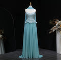 Elegant Aqua Strapless Evening Gown with Flowing Scarf SS274