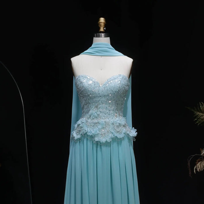 Elegant Aqua Strapless Evening Gown with Flowing Scarf SS274