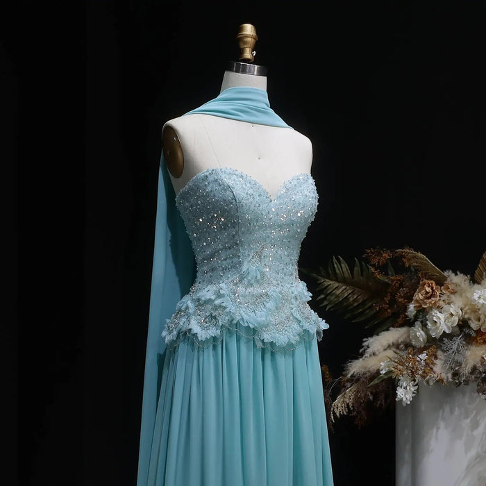 Elegant Aqua Strapless Evening Gown with Flowing Scarf SS274
