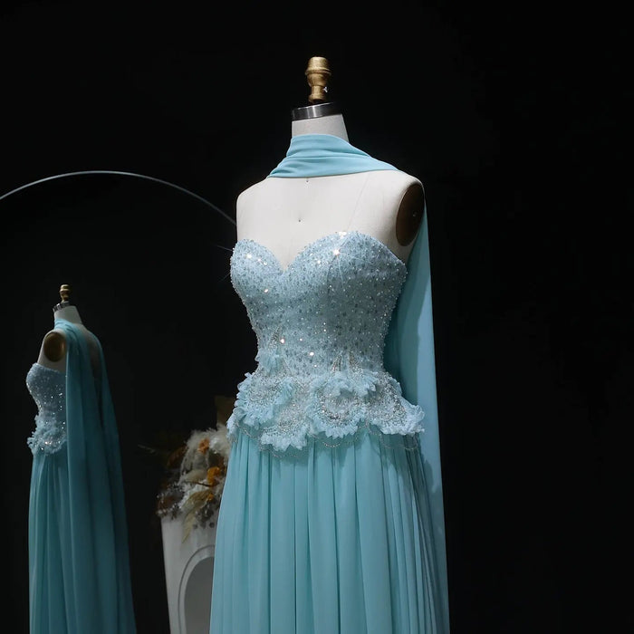 Elegant Aqua Strapless Evening Gown with Flowing Scarf SS274