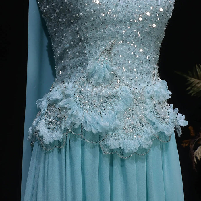 Elegant Aqua Strapless Evening Gown with Flowing Scarf SS274