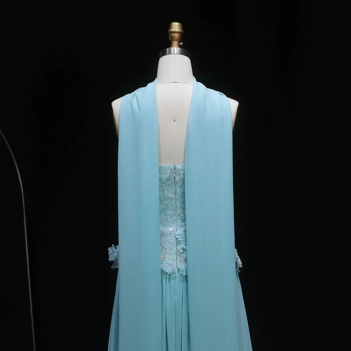 Elegant Aqua Strapless Evening Gown with Flowing Scarf SS274