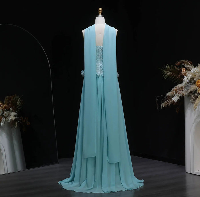 Elegant Aqua Strapless Evening Gown with Flowing Scarf SS274