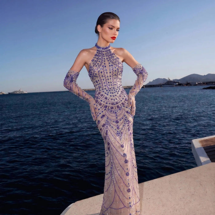 Elegant Beaded Halter Evening Gown with Sleek Silhouette Open-Back Detail SS125