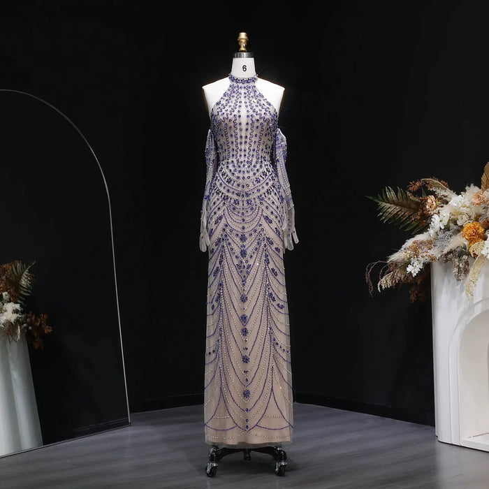 Elegant Beaded Halter Evening Gown with Sleek Silhouette Open-Back Detail SS125