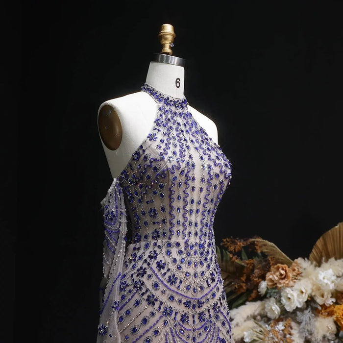 Elegant Beaded Halter Evening Gown with Sleek Silhouette Open-Back Detail SS125