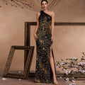 Elegant Black and Gold One-Shoulder Long Formal Dress with Leg Slit - Rosymae