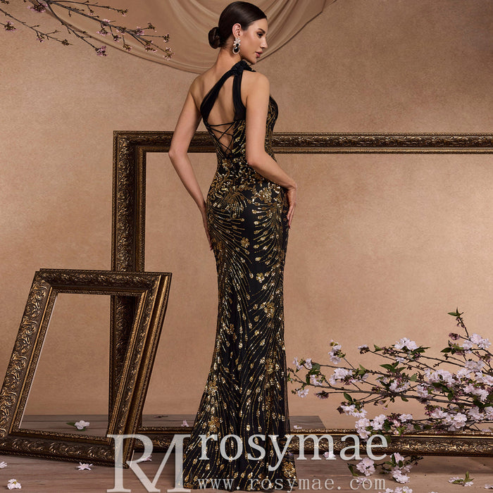 Elegant Black and Gold One-Shoulder Long Formal Dress with Leg Slit - Rosymae