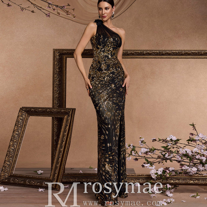 Elegant Black and Gold One-Shoulder Long Formal Dress with Leg Slit - Rosymae