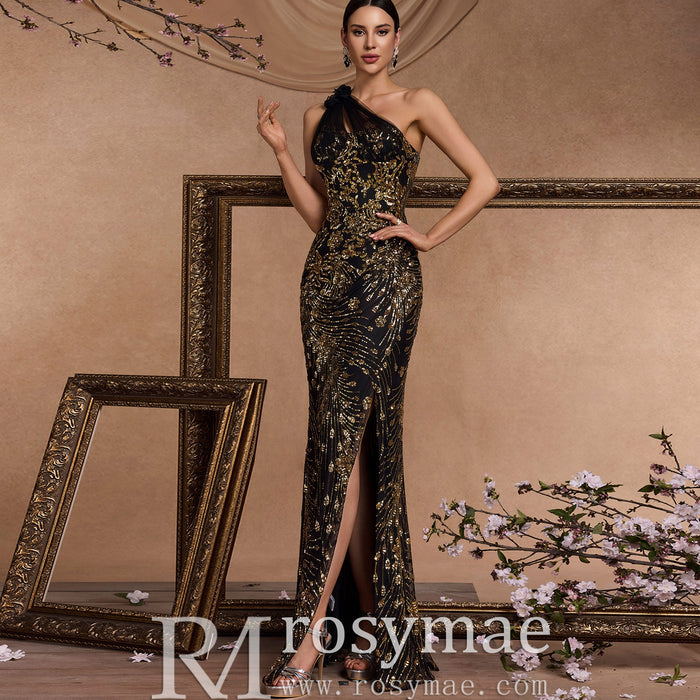 Elegant Black and Gold One-Shoulder Long Formal Dress with Leg Slit - Rosymae