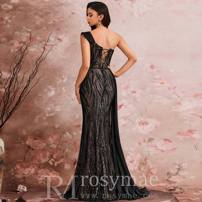 Elegant Black One Shoulder Evening Dress Luxury Party Gowns - Rosymae