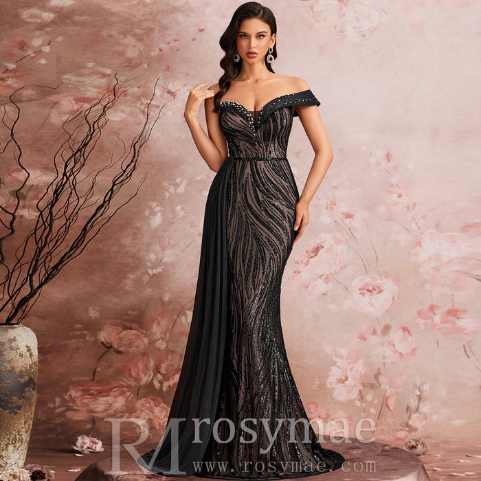 Elegant Black One Shoulder Evening Dress Luxury Party Gowns - Rosymae