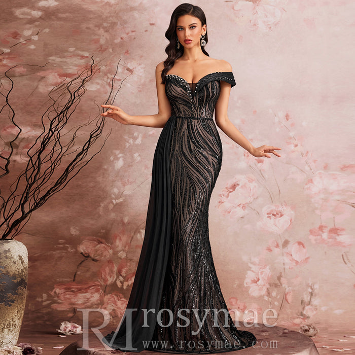 Elegant Black One Shoulder Evening Dress Luxury Party Gowns - Rosymae