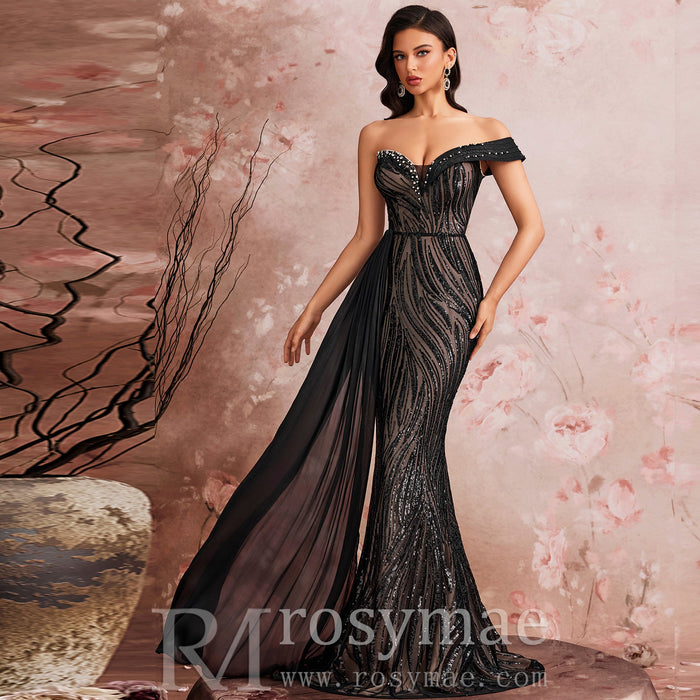 Elegant Black One Shoulder Evening Dress Luxury Party Gowns - Rosymae