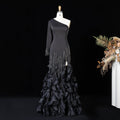 Elegant Black One Shoulder Long Sleeve Evening Dress with Crystal Fringe SS596