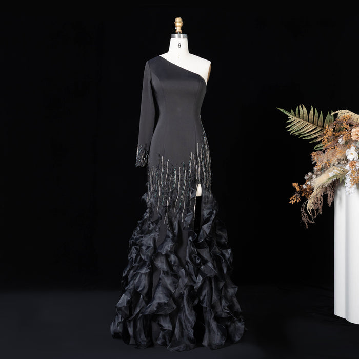 Elegant Black One Shoulder Long Sleeve Evening Dress with Crystal Fringe SS596