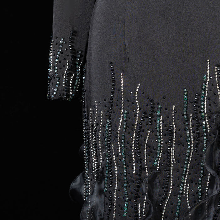 Elegant Black One Shoulder Long Sleeve Evening Dress with Crystal Fringe SS596