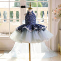 Elegant Blue Flower Girl Dress with Halter Neck Floral Print Layered Ruffle Tulle Girls Birthday Party Gown D286