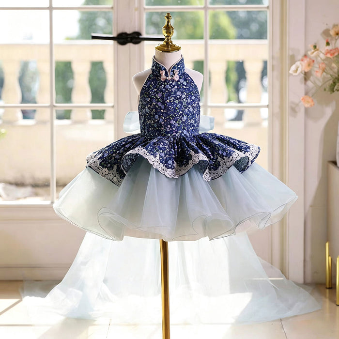 Elegant Blue Flower Girl Dress with Halter Neck Floral Print Layered Ruffle Tulle Girls Birthday Party Gown D286