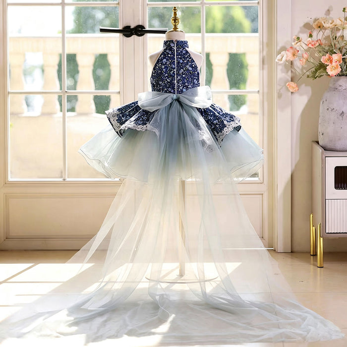 Elegant Blue Flower Girl Dress with Halter Neck Floral Print Layered Ruffle Tulle Girls Birthday Party Gown D286