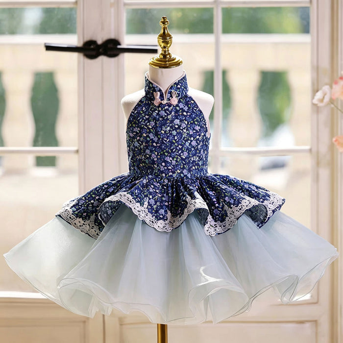 Elegant Blue Flower Girl Dress with Halter Neck Floral Print Layered Ruffle Tulle Girls Birthday Party Gown D286