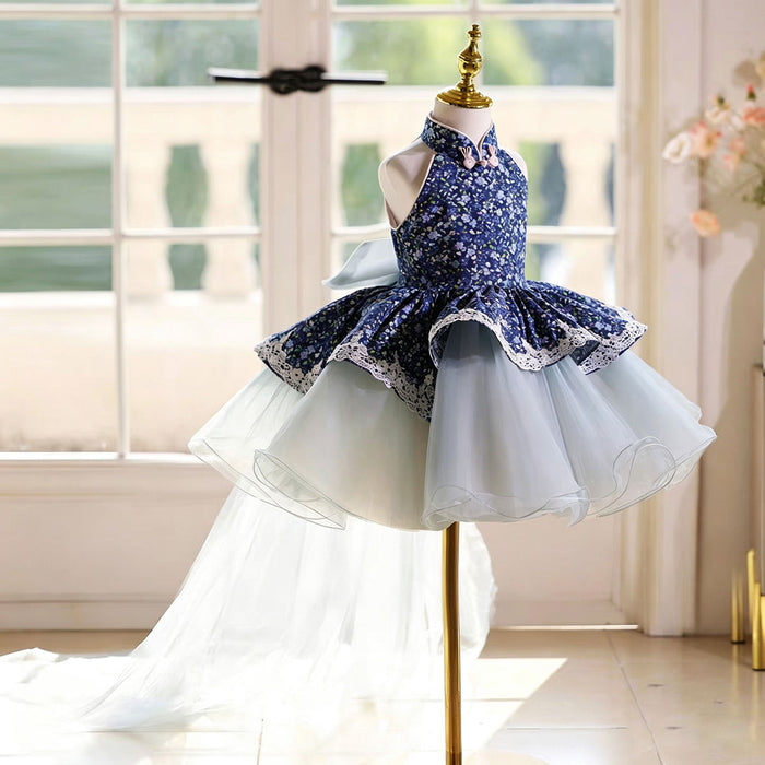 Elegant Blue Flower Girl Dress with Halter Neck Floral Print Layered Ruffle Tulle Girls Birthday Party Gown D286