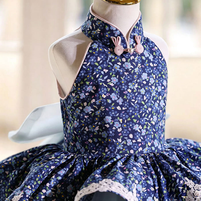 Elegant Blue Flower Girl Dress with Halter Neck Floral Print Layered Ruffle Tulle Girls Birthday Party Gown D286