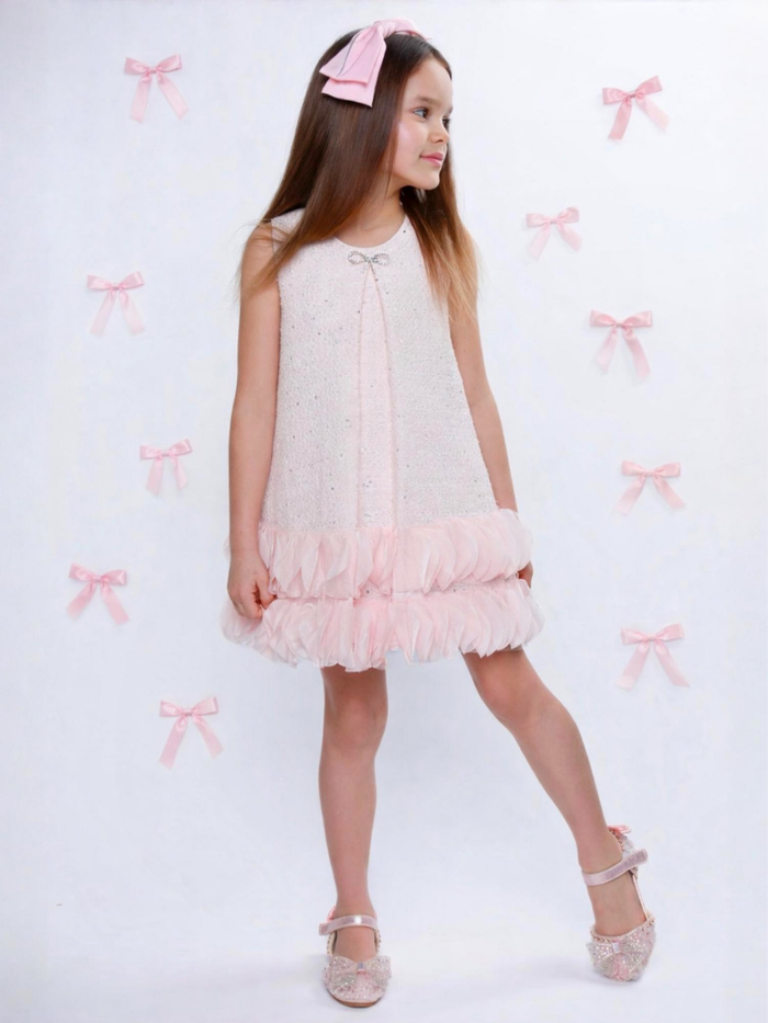 Elegant Bow Pearl Tweed Shift Dress Mia Belle Girls