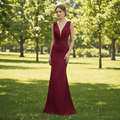 Elegant Burgundy Mermaid Deep V neck Bridesmaid Dress - Rosymae