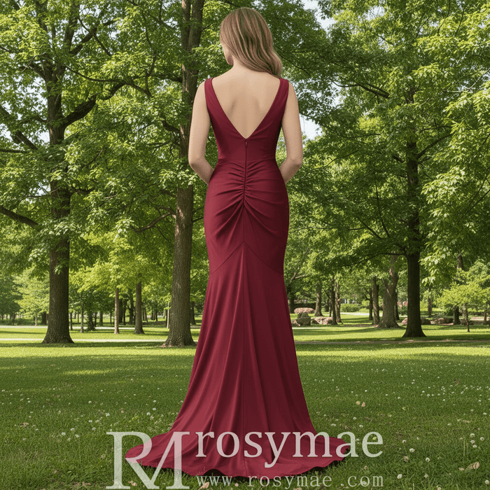 Elegant Burgundy Mermaid Deep V neck Bridesmaid Dress - Rosymae
