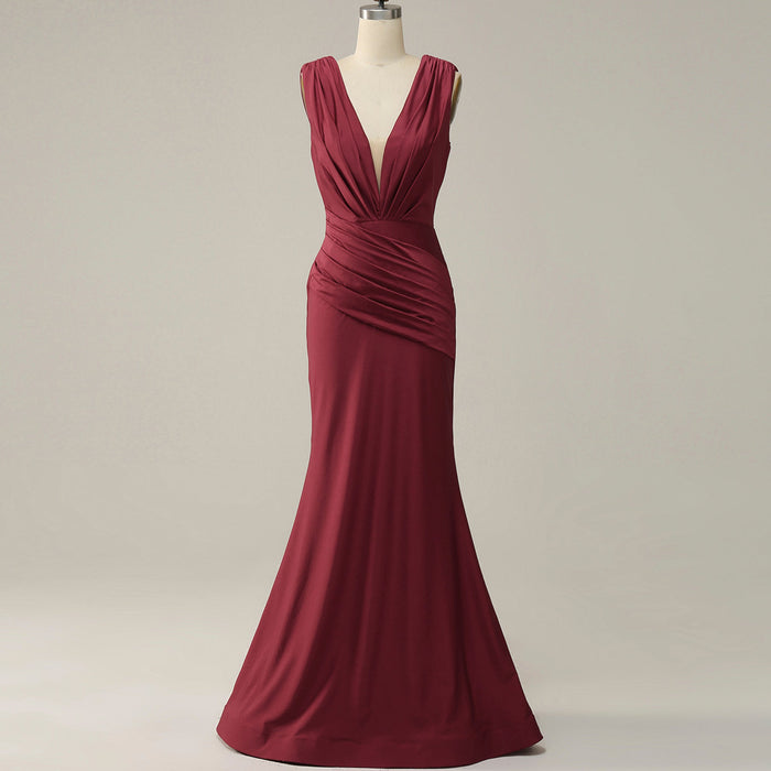 Elegant Burgundy Mermaid Deep V neck Bridesmaid Dress - Rosymae