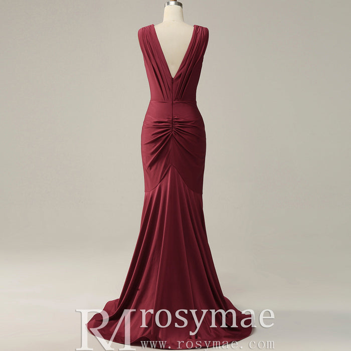 Elegant Burgundy Mermaid Deep V neck Bridesmaid Dress - Rosymae
