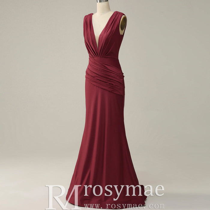 Elegant Burgundy Mermaid Deep V neck Bridesmaid Dress - Rosymae