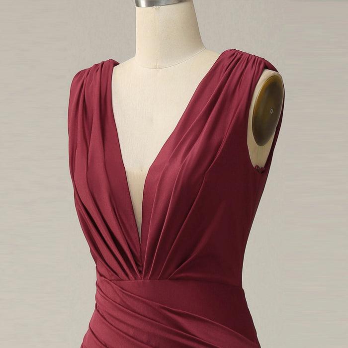 Elegant Burgundy Mermaid Deep V neck Bridesmaid Dress - Rosymae
