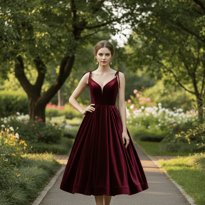 Elegant Burgundy Spaghetti Straps Velvet Prom Dress with V-neck - Rosymae
