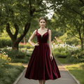 Elegant Burgundy Spaghetti Straps Velvet Prom Dress with V-neck - Rosymae