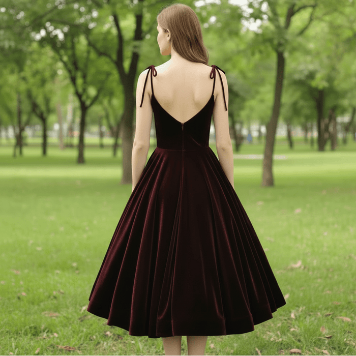 Elegant Burgundy Spaghetti Straps Velvet Prom Dress with V-neck - Rosymae