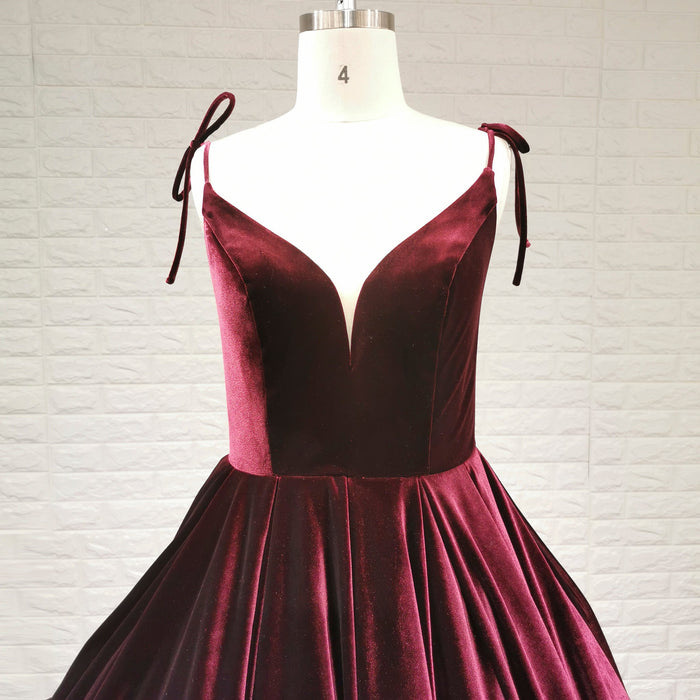 Elegant Burgundy Spaghetti Straps Velvet Prom Dress with V-neck - Rosymae