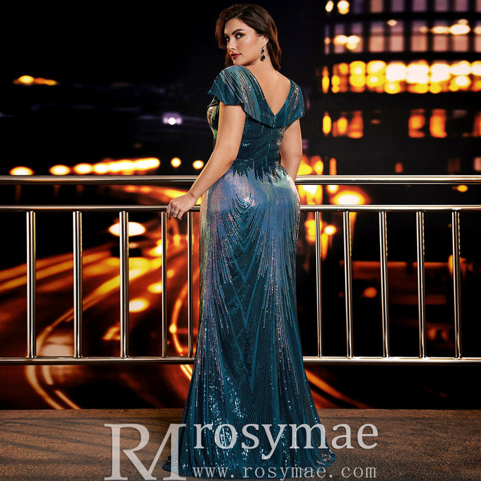 Elegant Capped Sleeve Long Plus-Size Mermaid Formal Dress with Vneck - Rosymae