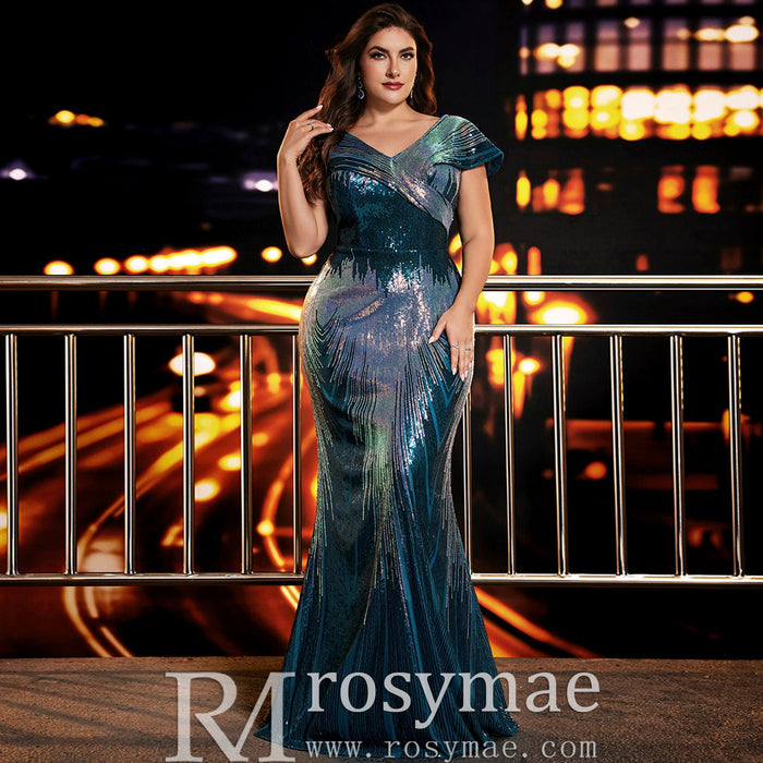 Elegant Capped Sleeve Long Plus-Size Mermaid Formal Dress with Vneck - Rosymae