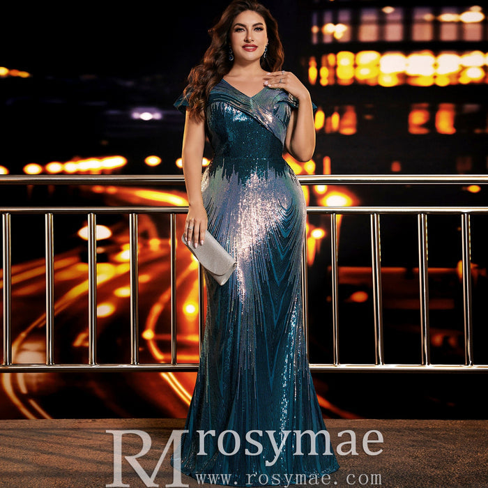 Elegant Capped Sleeve Long Plus-Size Mermaid Formal Dress with Vneck - Rosymae