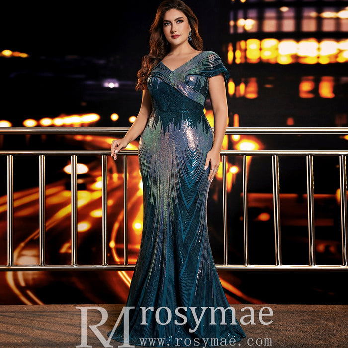 Elegant Capped Sleeve Long Plus-Size Mermaid Formal Dress with Vneck - Rosymae