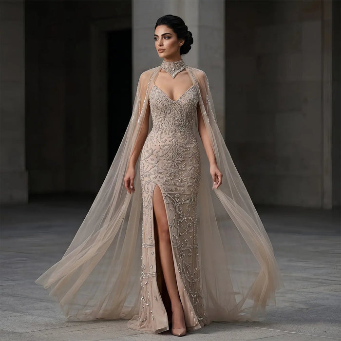 Elegant Champagne Beaded Cape Evening Dress with High Neck SS135-DreamyVow