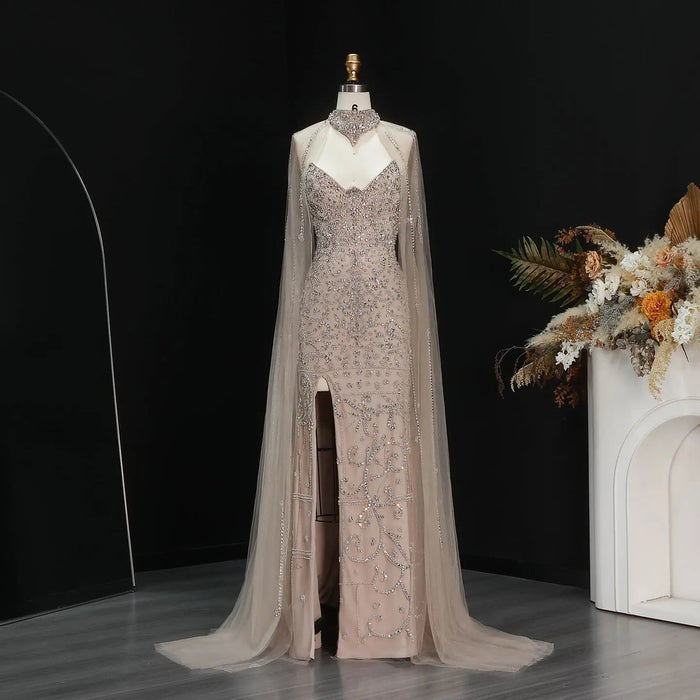 Elegant Champagne Beaded Cape Evening Dress with High Neck SS135-DreamyVow